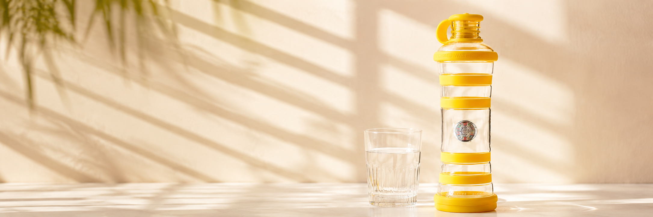 Bouteille i9 Solaire jaune et verre d’eau en période de canicule.