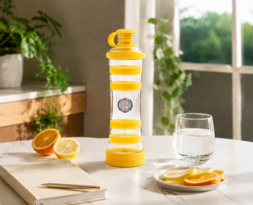 Boire régulièrement par petites gorgées avec une bouteille i9 en verre.