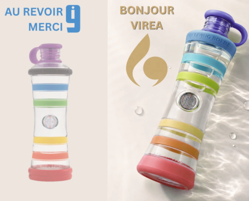 bouteille-i9-devient-virea-transition Transition de la Bouteille i9 Chakras vers la nouvelle Bouteille VIREA One multicolore, avec les mentions Au revoir i9 et Bonjour VIREA.