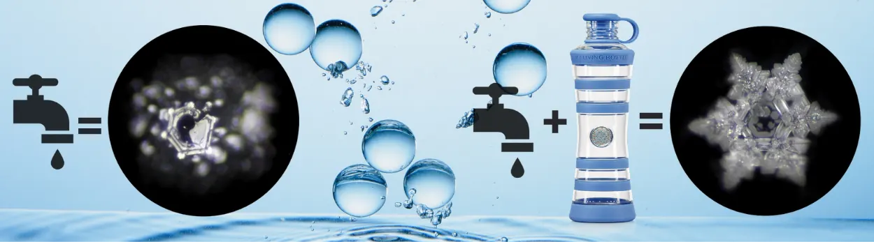 Comparaison illustrative de cristaux d'eau du robinet, avec et sans utilisation de la bouteille virea.