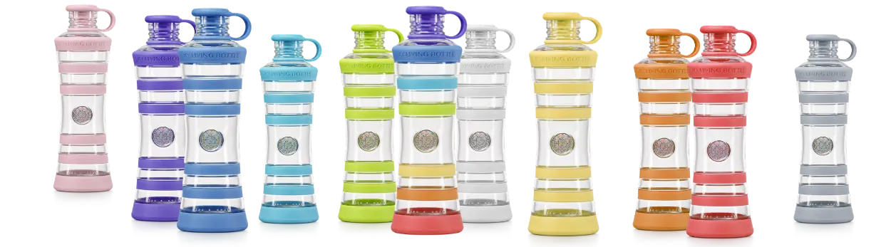 Gamme de bouteilles virea en verre, disponibles en onze couleurs associées à différentes intentions.